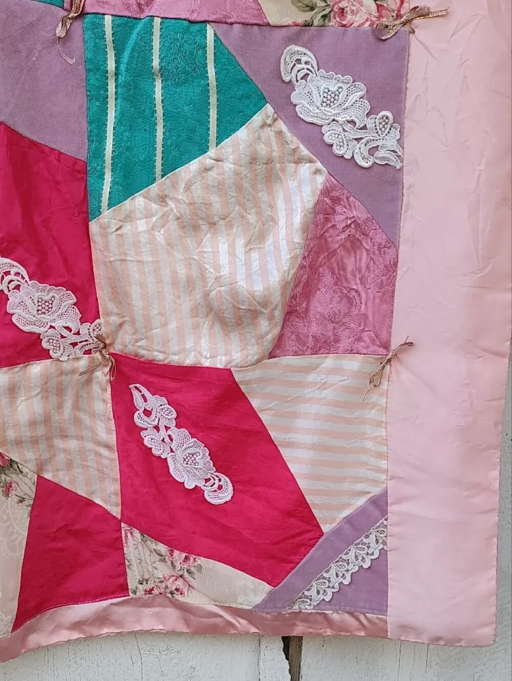 Vintage Handsewn Patchwork Satin Lace Quilt, Grandmacore, Victorian, Cottagecore
